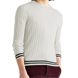 Canali Cream Striped Cable Knit Crewneck Wool Pullover Sweater Men’s Size IT 48